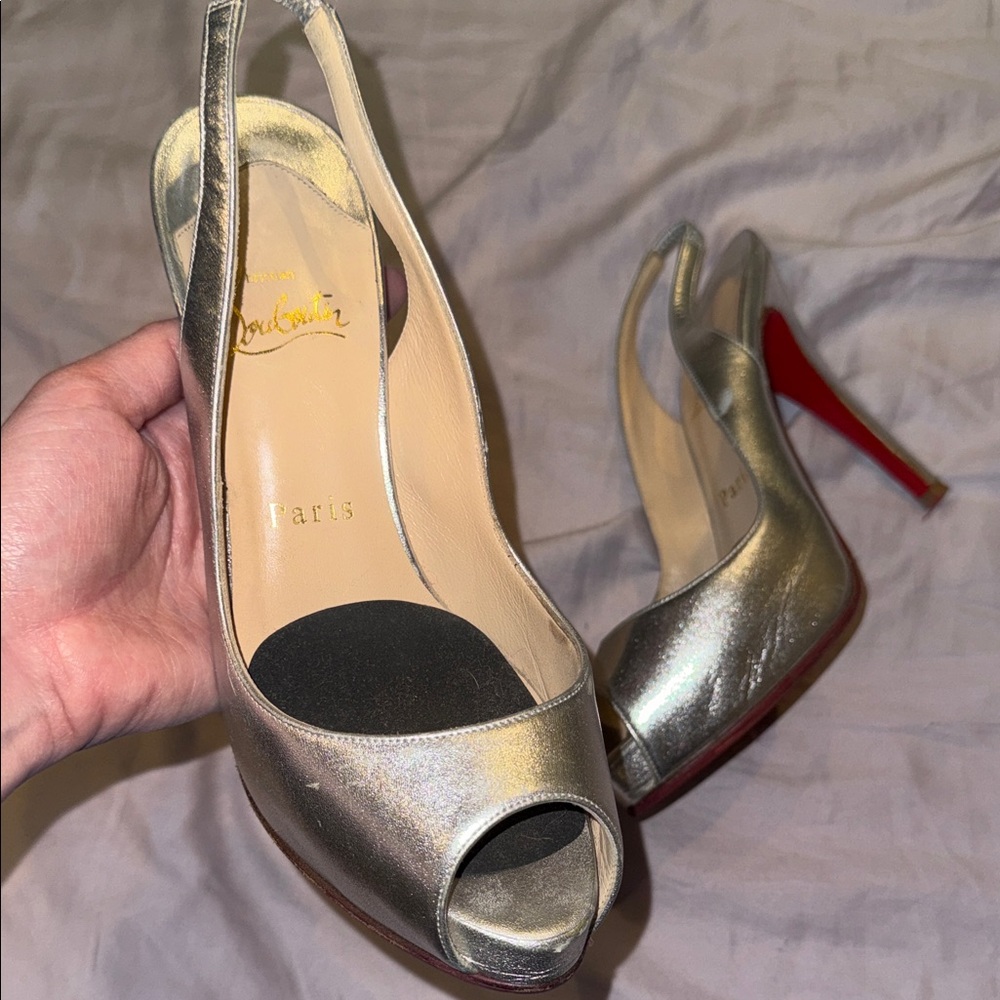 Christian Louboutin Metallic Silver Slingback Heels, size 36